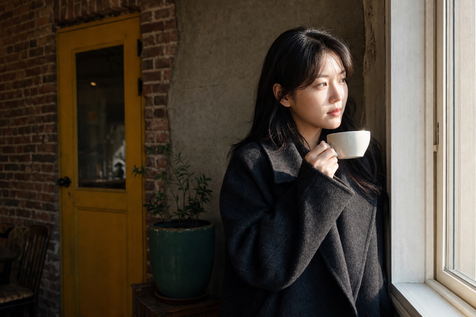 창가에서 차를 마시는 인물